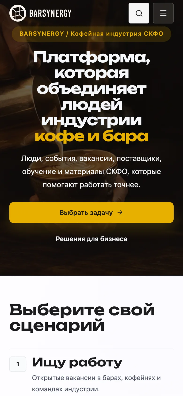 Главная страница платформы BARSYNERGY на телефоне